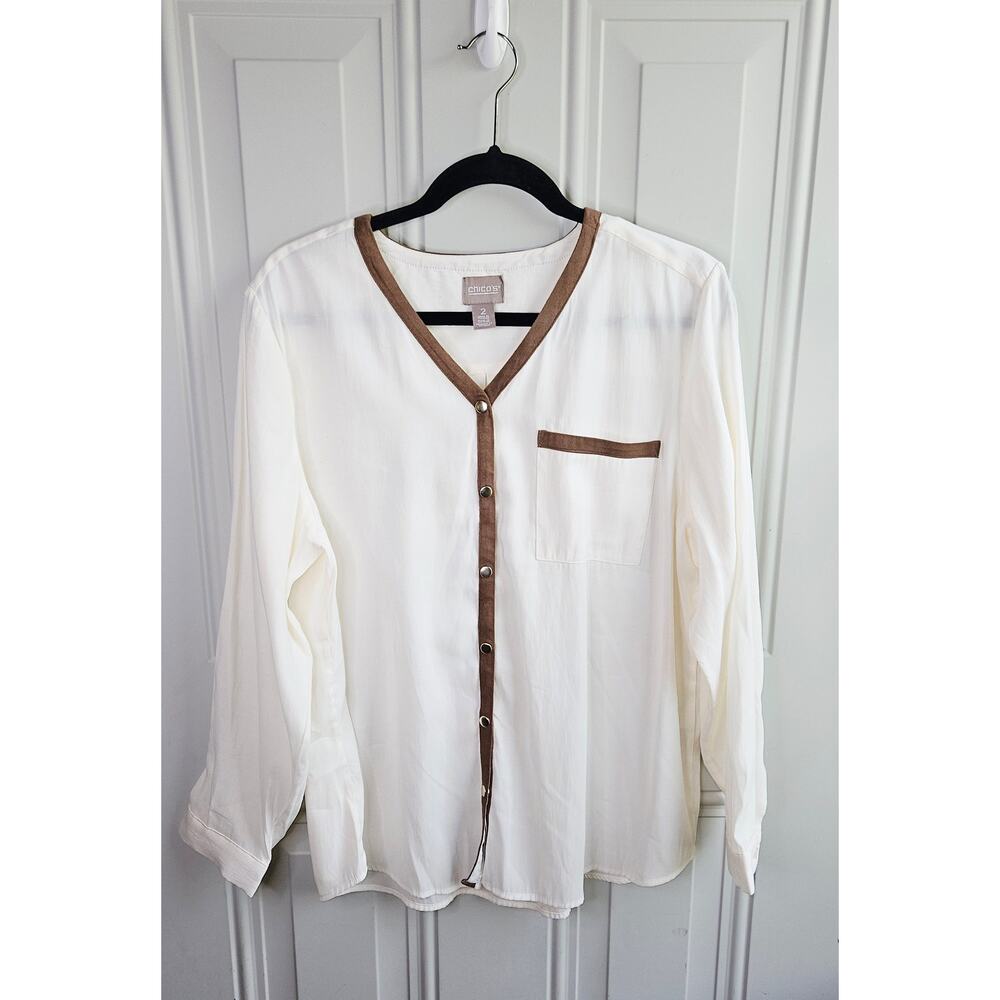 Chicos Button Up Top Size 2 White Brown Faux Suede Trim Office Career Capsule